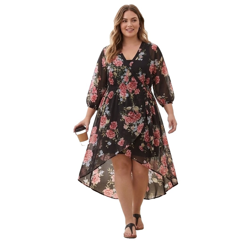 Torrid Dress Womens 2 Black Floral V Neck 3/4 Sleeve Fit & Flare Chiffon
